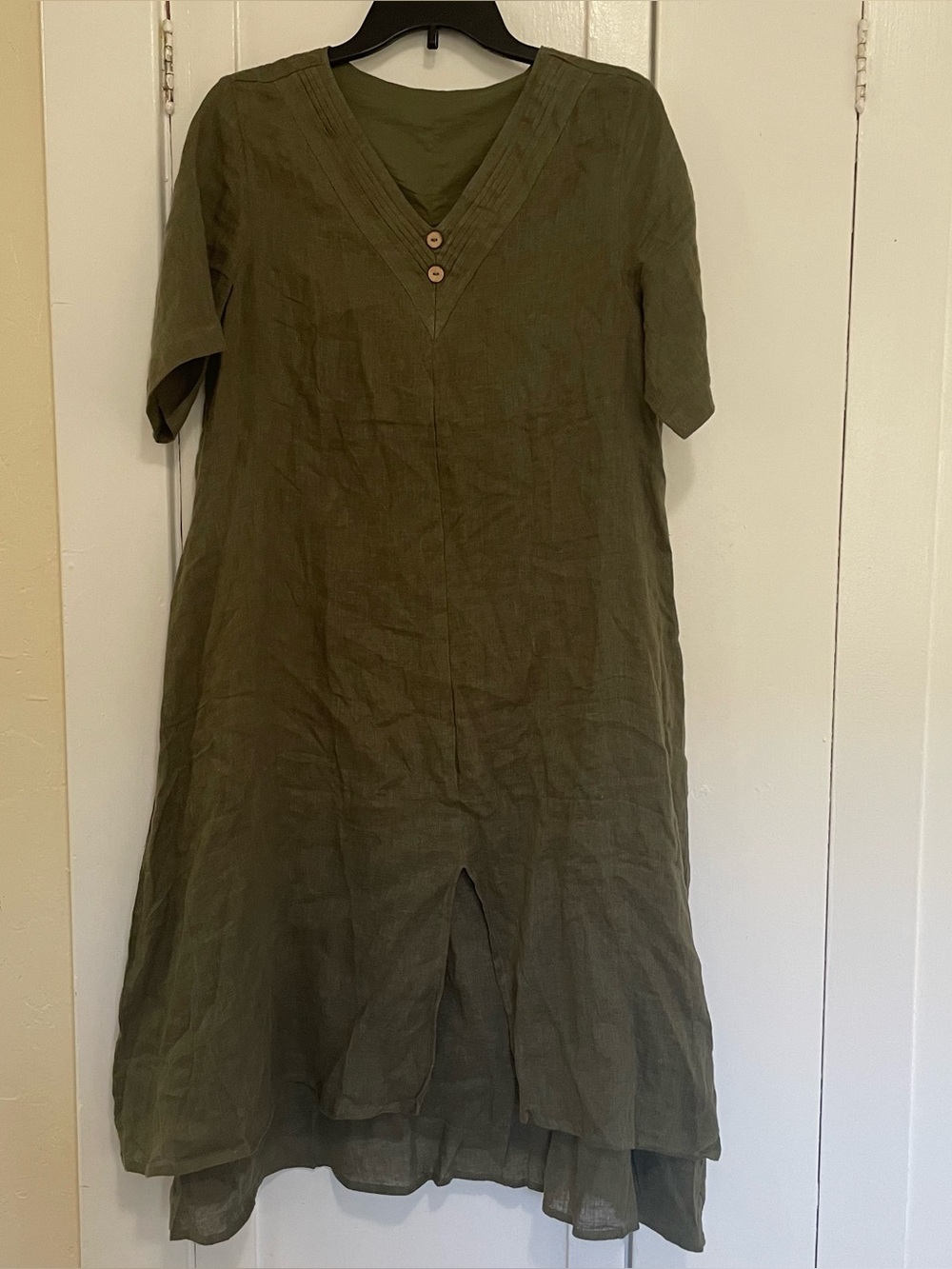 Lintico Olive Green Jayda linen double layer v neck midi dress small